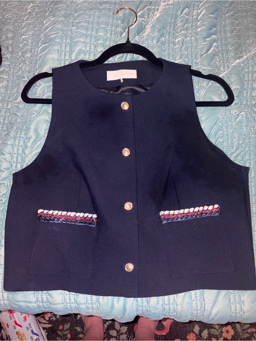 Zara Navy Button-Front Vest with Gold Button
